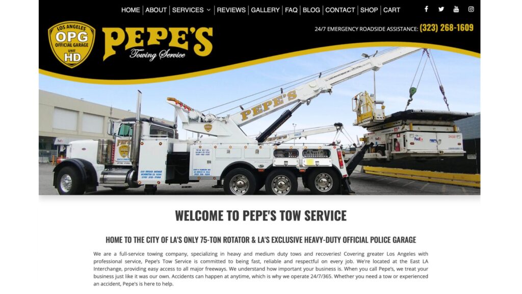 Pepe's Towing Website Development Project - screenshot of homepage